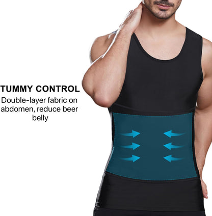 Mens Slimming Compression Shirt, Body Shaper Workout Tank Top, Gynecomastia Tummy Control Undershirts - Change in Seconds