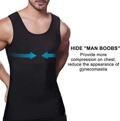 Mens Slimming Compression Shirt, Body Shaper Workout Tank Top, Gynecomastia Tummy Control Undershirts - Change in Seconds